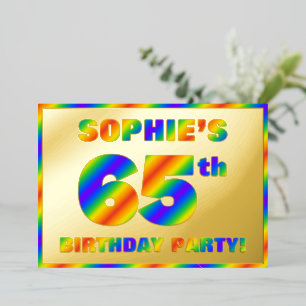 65e Birthday Party — Fun, regenboogspectrum "65" Folie Uitnodiging