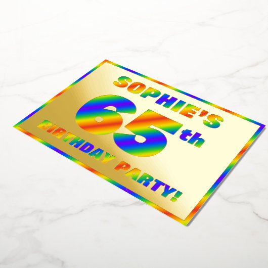65e Birthday Party — Fun, regenboogspectrum "65" Folie Uitnodiging (Gedraaid)