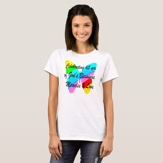 65E BIRTHDAY-RAINBUTTERFLY ONTWERP T-SHIRT (Voorkant volledig)