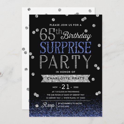 65e Blue Silver Glitter Confetti Surprise Party Kaart (Voorkant / Achterkant)