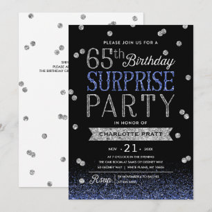 65e Blue Silver Glitter Confetti Surprise Party Kaart