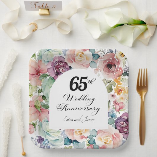65e bruiloft Jubileum Elegant Script Floral Papieren Bordje (Huwelijk)