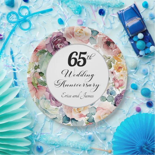 65e bruiloft Jubileum Elegant Script Floral Papieren Bordje (Feest)