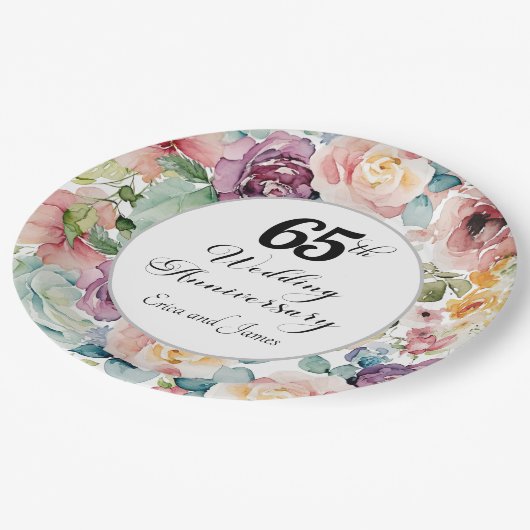 65e bruiloft Jubileum Elegant Script Floral Papieren Bordje (Gekanteld)