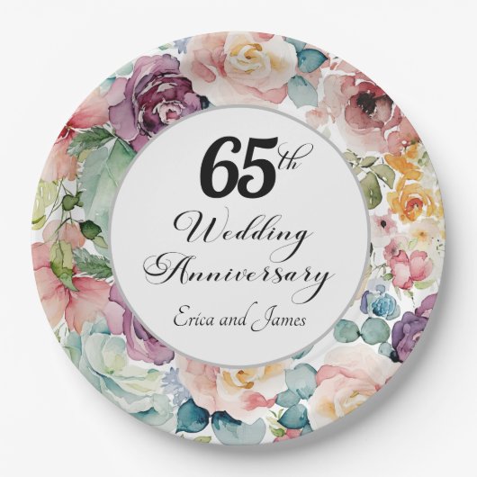 65e bruiloft Jubileum Elegant Script Floral Papieren Bordje (Voorkant)