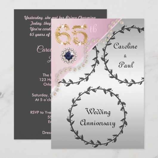 65e bruiloft Jubileum in reliëf van zilveren Roos Kaart (Voorkant / Achterkant)