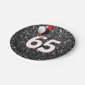 65e geboortedag ballonnen op zwarte glitter papieren bordje (Gekanteld)