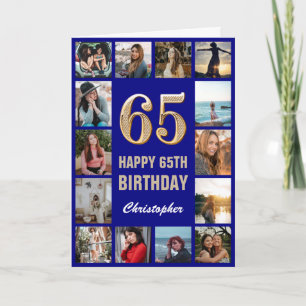 65e Happy Birthday Navy Blue & Gold Photo Collage Kaart