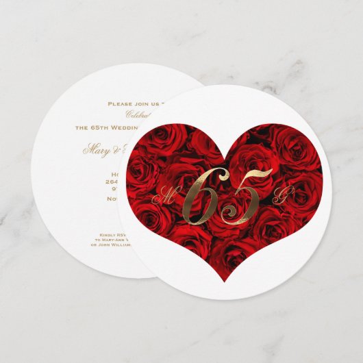 65e Jubileum Rood rozen Hart Elegant Kaart (Voorkant / Achterkant)