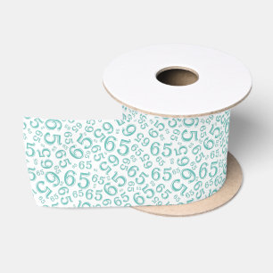 65e Moderne Willekeurige Getal Patroon Teal/Wit Satijnen Lint
