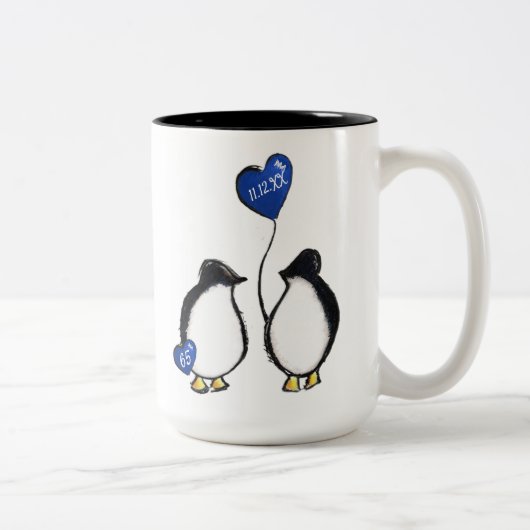 65e trouwdag pinguïn tweekleurige koffiemok (Rechts)