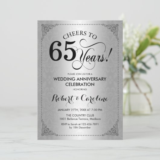 65e trouwdag - Zilveren Zwarte Damast Kaart (Staand voorkant)