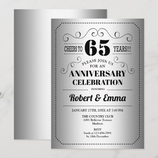 65e trouwdagfeest - Zilver Zwart Kaart (Voorkant / Achterkant)