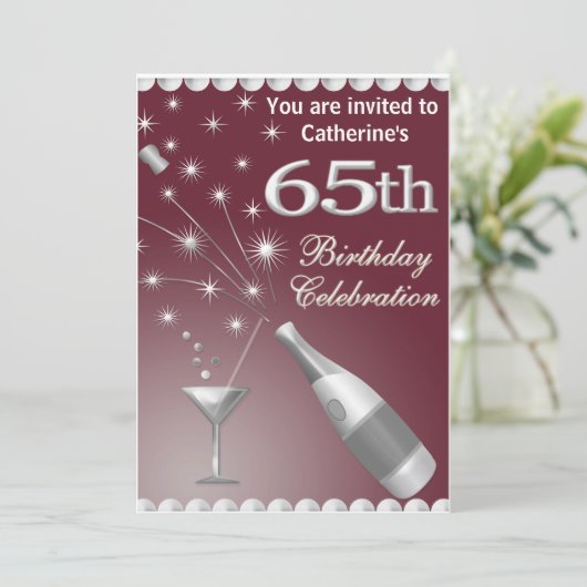 65e uitnodiging van de Birthday Party - Red & Silv (Staand voorkant)