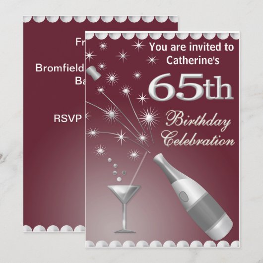 65e uitnodiging van de Birthday Party - Red & Silv (Voorkant / Achterkant)