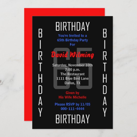 65e Uitnodiging voor verjaardagsfeestje 65 (Voorkant / Achterkant)