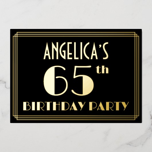 65e verjaardag: Art Deco Kijk "65", met naam Folie Uitnodiging (Voorkant)