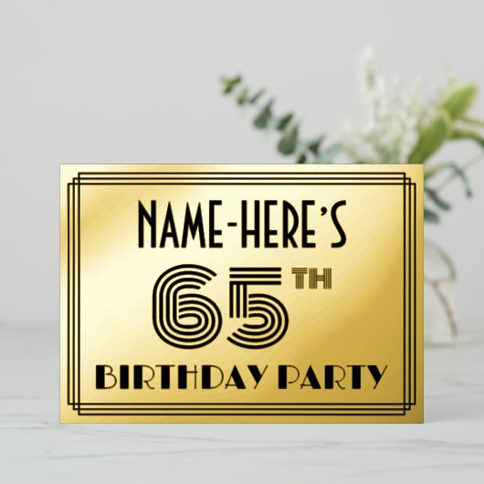 65e verjaardag — Art Deco Style "65" en naam Folie Uitnodiging (Staand Voorkant)