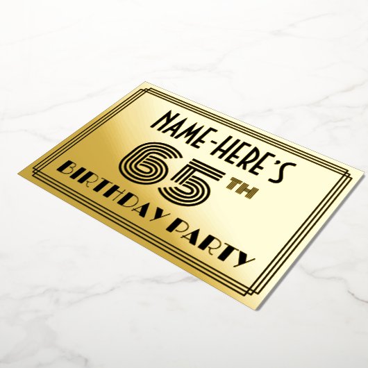65e verjaardag — Art Deco Style "65" en naam Folie Uitnodiging (Gedraaid)