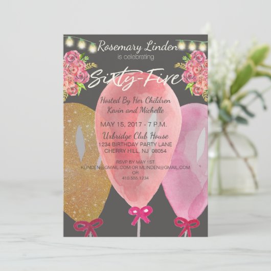 65e verjaardag Ballonnen Bloemen en Lichten Uitnod Kaart (Staand voorkant)