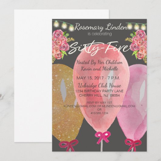 65e verjaardag Ballonnen Bloemen en Lichten Uitnod Kaart (Voorkant / Achterkant)