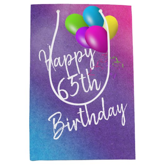 65e verjaardag ballonnen op regenboog medium gesch medium cadeauzakje (Voorkant)