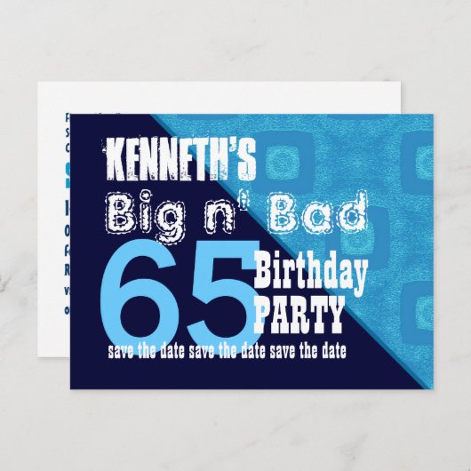 65e verjaardag Bewaar de datum Blue Diagonal V02A1 Aankondigingskaart (Voorkant / Achterkant)