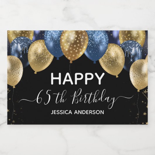 65e verjaardag Blauwe en gouden ballonnen Sparkling Wijnetiket (Enkel label)