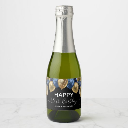 65e verjaardag Blauwe en gouden ballonnen Sparkling Wijnetiket (Voorkant)