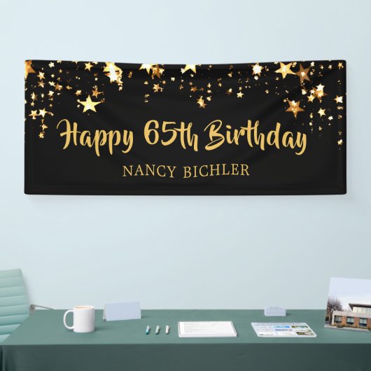 65e verjaardag borstel script zwart gouden sterren spandoek (Beurs)