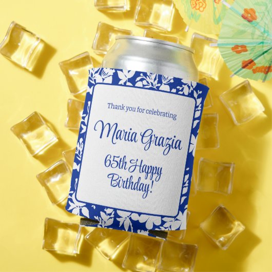 65e verjaardag Chic Blauw Wit Bloemen Blikjeskoeler (Insitu Zomer)