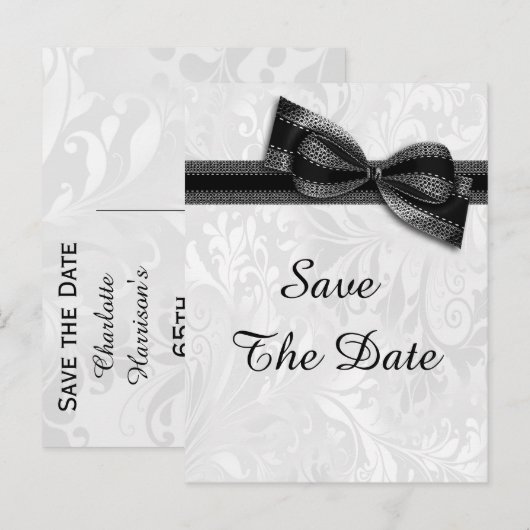 65e verjaardag Damask en Faux Bow Bewaar de datum Aankondigingskaart (Voorkant / Achterkant)