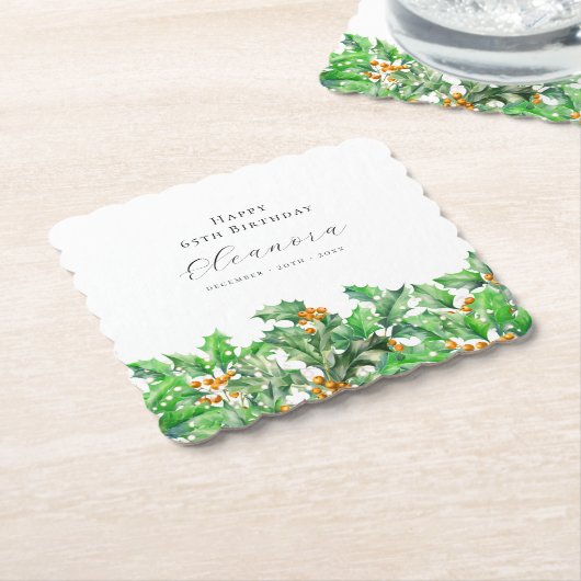 65e Verjaardag December Geboortebloem Holly Custom Kartonnen Onderzetters (Gebogen)