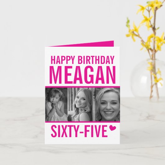 65e verjaardag drie foto's heet roze en witte kaar kaart (Gele Bloem)