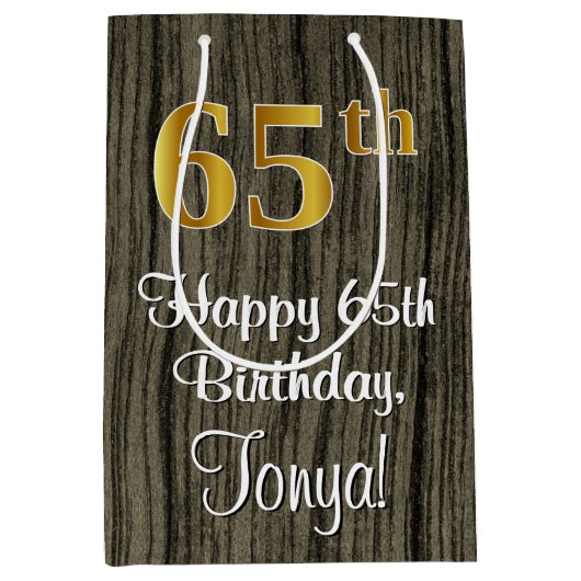 65e verjaardag: Elegant Faux Gold Look #, Faux Woo Medium Cadeauzakje (Voorkant)