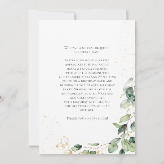 65e verjaardag Eucalyptus Kaart Verzoek (Achterkant)
