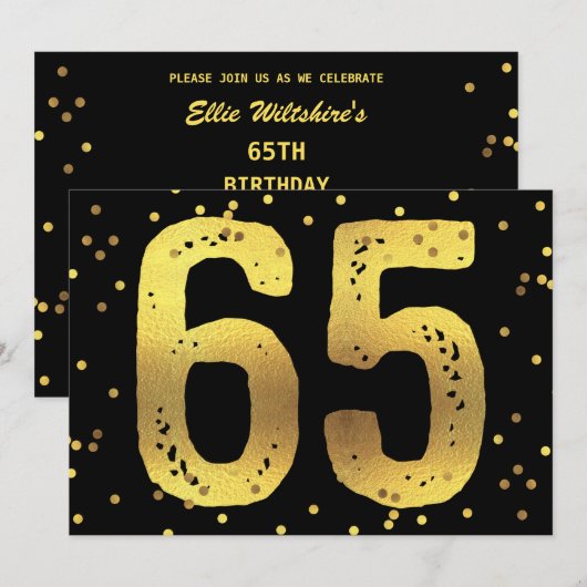 65e verjaardag Faux Gold Foil Confetti Black Kaart (Voorkant / Achterkant)