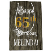65e verjaardag: Faux Gold look & Faux Wood Pattern Medium Cadeauzakje (Voorkant)