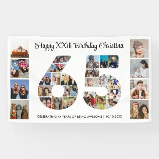 65e verjaardag feestnummer 65 fotocollage spandoek (Horizontaal)