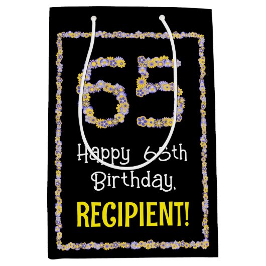 65e verjaardag: Floral Flowers Number, Custom Name Medium Cadeauzakje (Voorkant)