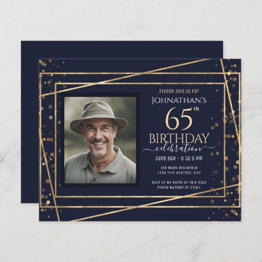 65e verjaardag foto blauw goud papier blad (Voorkant / Achterkant)