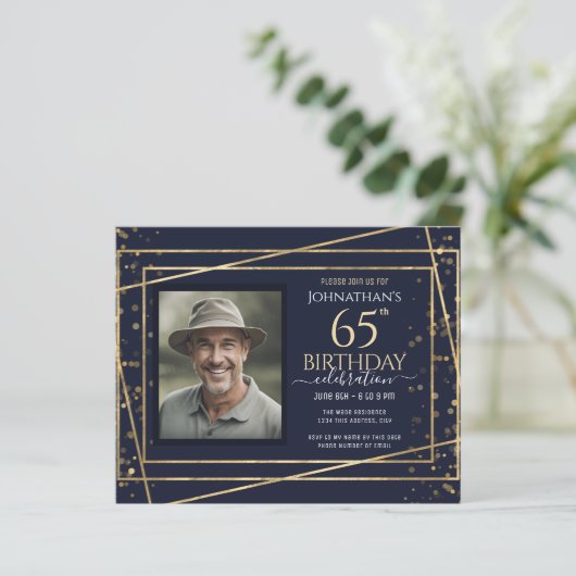 65e verjaardag foto blauw goud papier blad (Staand voorkant)