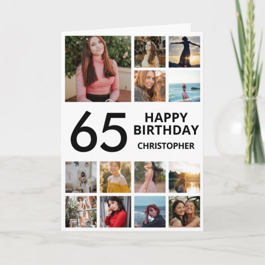 65e verjaardag Foto Collage 13 Foto's Black White Kaart (Voorkant)