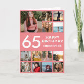 65e verjaardag Foto Collage 13 Foto's Roze en Wit Kaart (Voorkant)