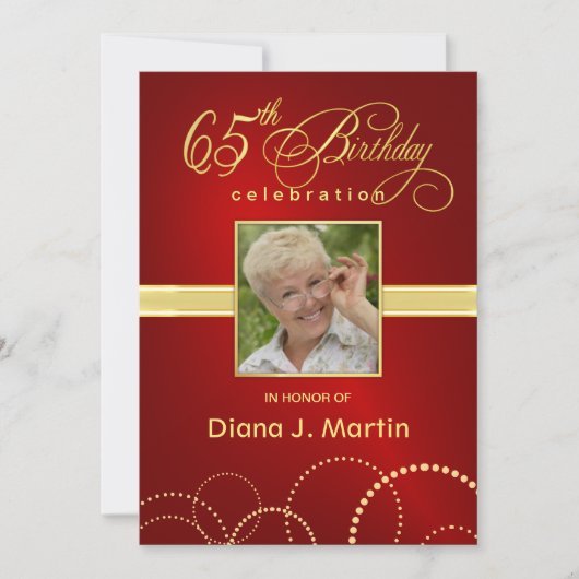 65e verjaardag Foto-uitnodigingen Elegant Red Kaart (Voorkant)