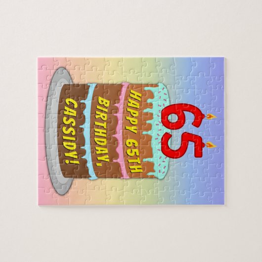 65e verjaardag: Fun Cake and Candles + Custom Name Legpuzzel (Horizontaal)