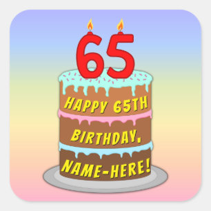 65e verjaardag: Fun Cake and Candles + Custom Name Vierkante Sticker