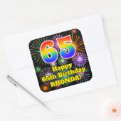 65e verjaardag: Fun Fireworks Kijk, regenboog # 65 Vierkante Sticker (Envelop)