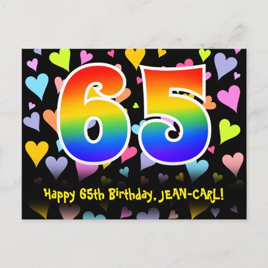65e verjaardag: Fun Hearts-patroon, Regenboog 65 Briefkaart (Voorkant)