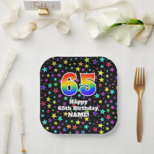 65e verjaardag: Fun Stars Pattern en Rainbow "65" Papieren Bordje